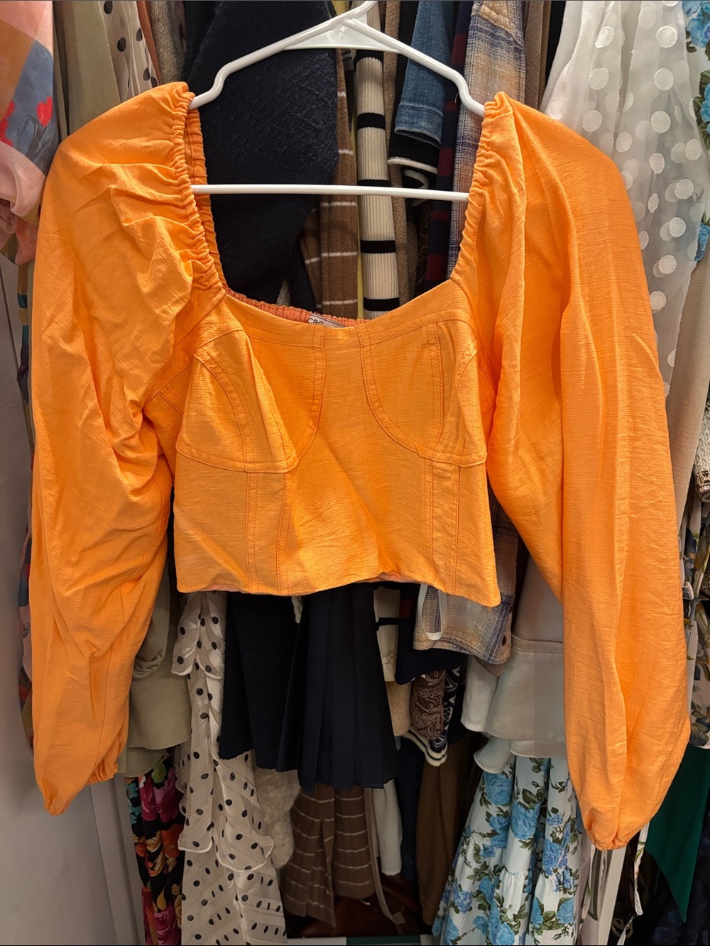 BCBGeneration Orange Square-Neck Puff Sleeve Crop Top